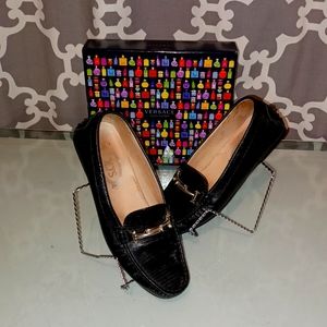 Tod's Gimmibi T-Bar Metallic With Crystal's Leather Lizard Like Black Loafers
